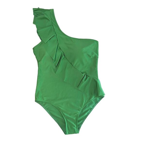 Vibrant Green One-Shoulder Ruffle One Piece - Picture 1 of 10